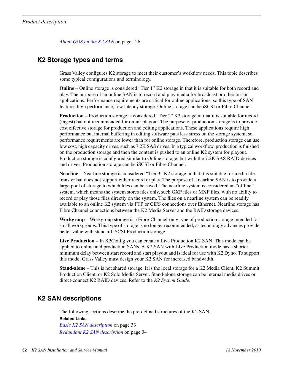 K2 storage types and terms, K2 san descriptions, K2 storage types and terms k2 san descriptions | Grass Valley K2 Summit Storage Area Network Installation User Manual | Page 32 / 362