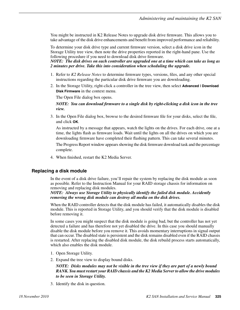 Replacing a disk module | Grass Valley K2 Summit Storage Area Network Installation User Manual | Page 325 / 362