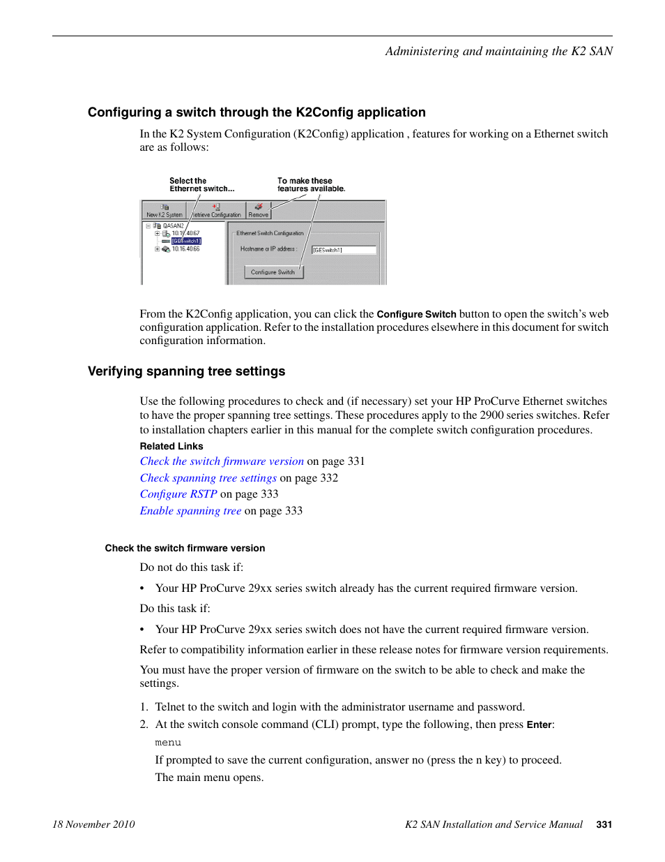 Verifying spanning tree settings, Check the switch firmware version | Grass Valley K2 Summit Storage Area Network Installation User Manual | Page 331 / 362