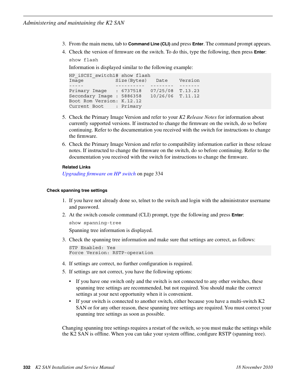 Check spanning tree settings | Grass Valley K2 Summit Storage Area Network Installation User Manual | Page 332 / 362