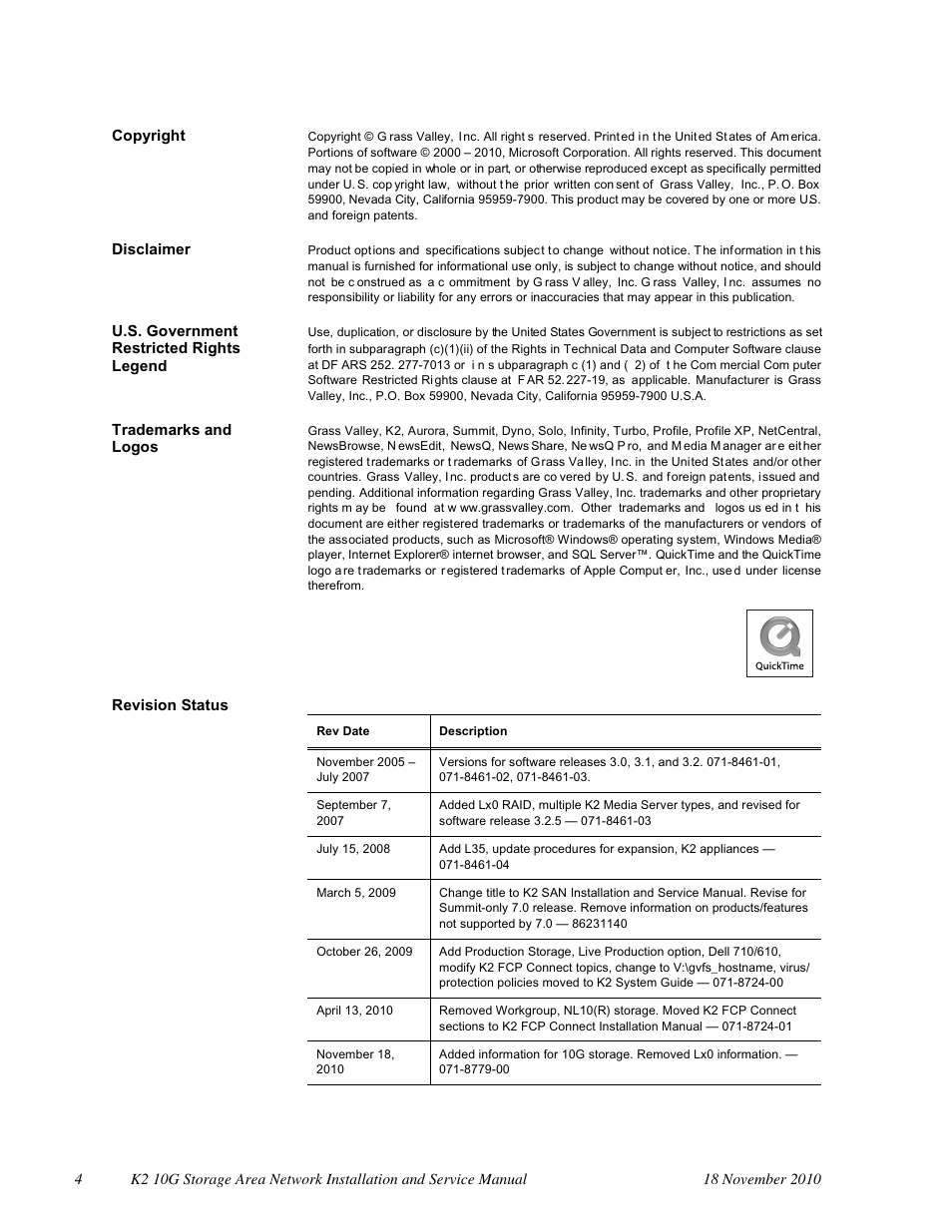 Grass Valley K2 Summit Storage Area Network Installation User Manual | Page 4 / 362