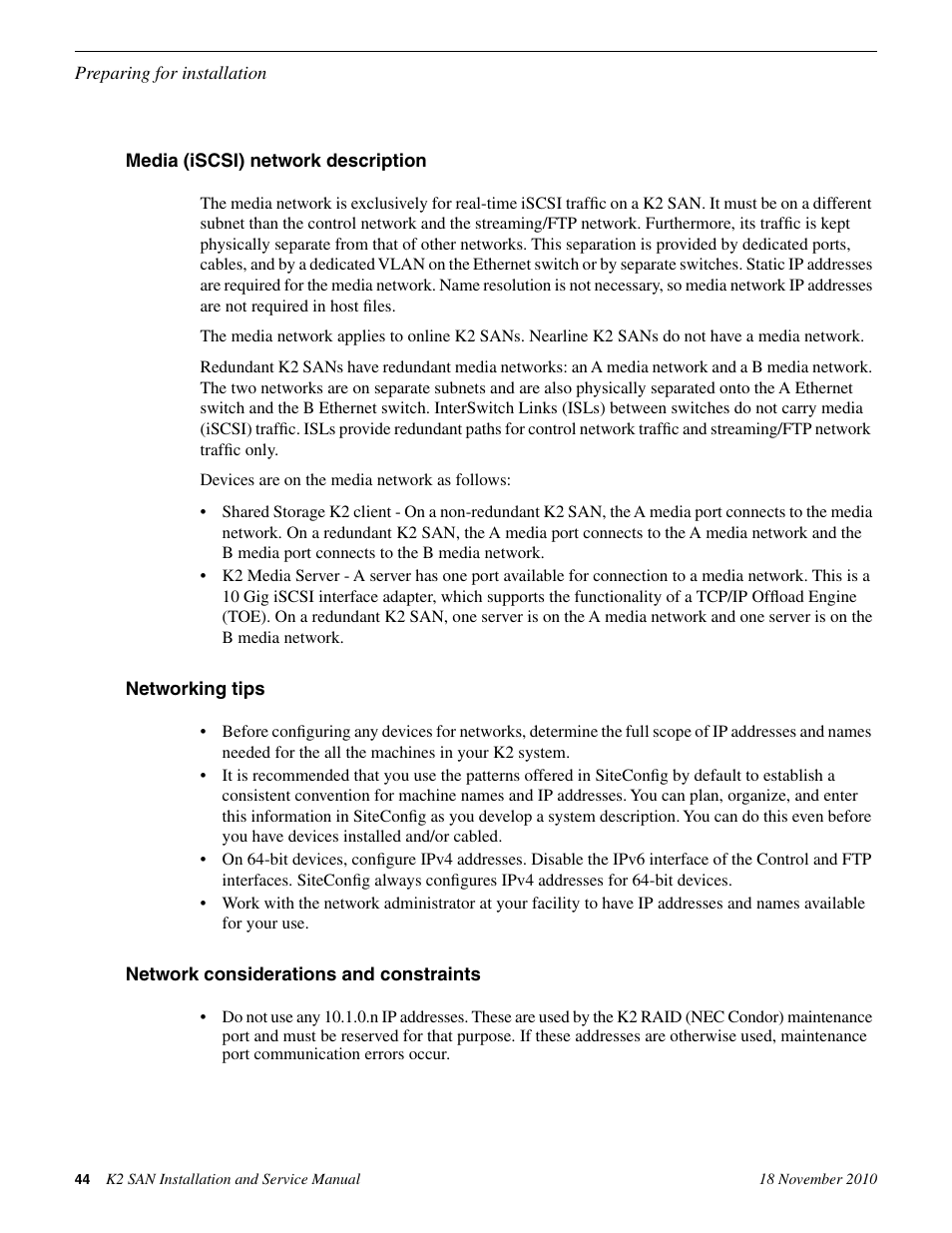 Media (iscsi) network description, Networking tips, Network considerations and constraints | Grass Valley K2 Summit Storage Area Network Installation User Manual | Page 44 / 362