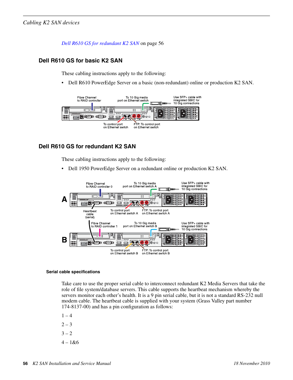 Dell r610 gs for basic k2 san, Dell r610 gs for redundant k2 san, Serial cable specifications | Grass Valley K2 Summit Storage Area Network Installation User Manual | Page 56 / 362