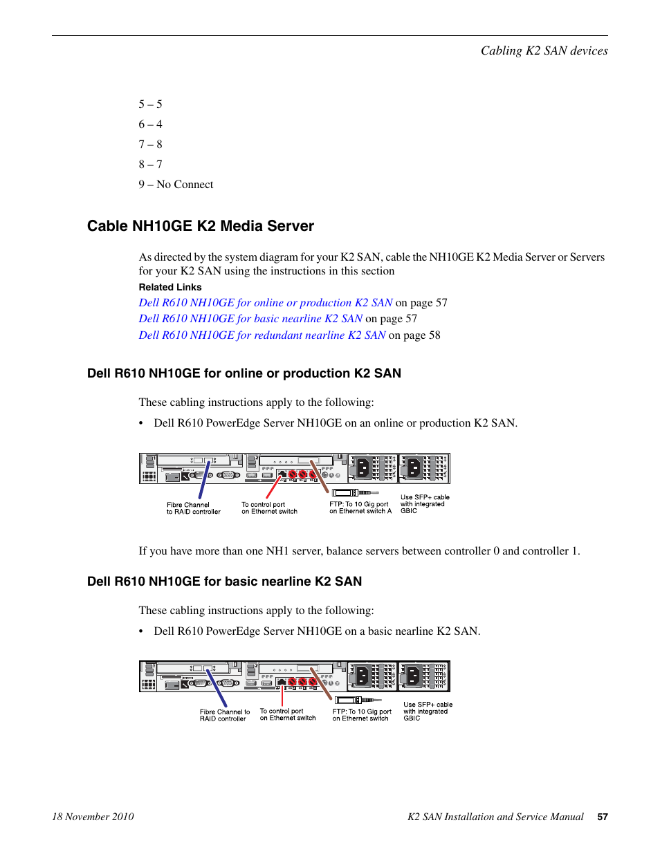 Cable nh10ge k2 media server, Dell r610 nh10ge for online or production k2 san, Dell r610 nh10ge for basic nearline k2 san | Grass Valley K2 Summit Storage Area Network Installation User Manual | Page 57 / 362