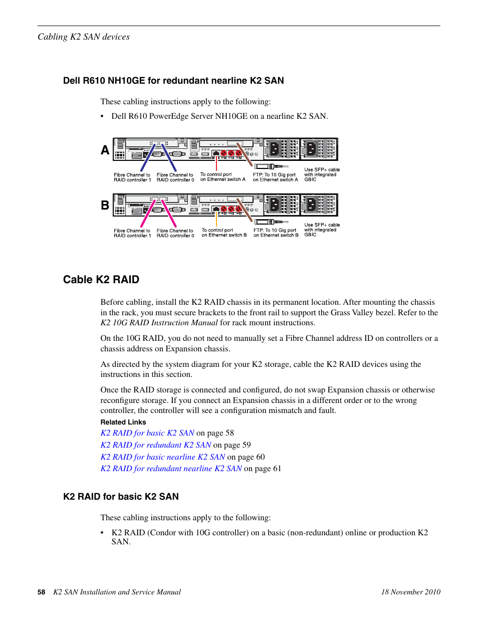 Dell r610 nh10ge for redundant nearline k2 san, Cable k2 raid, K2 raid for basic k2 san | Grass Valley K2 Summit Storage Area Network Installation User Manual | Page 58 / 362