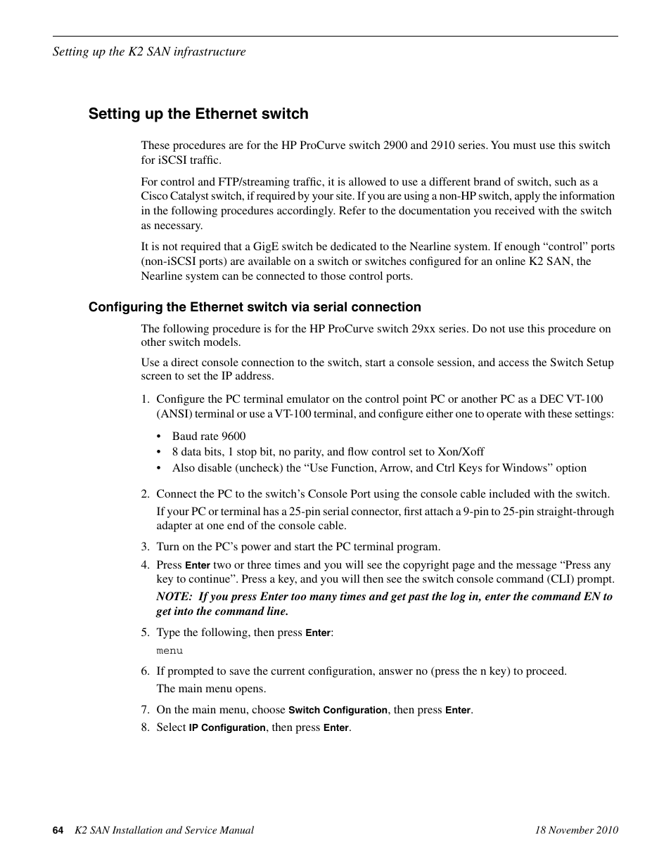 Setting up the ethernet switch | Grass Valley K2 Summit Storage Area Network Installation User Manual | Page 64 / 362