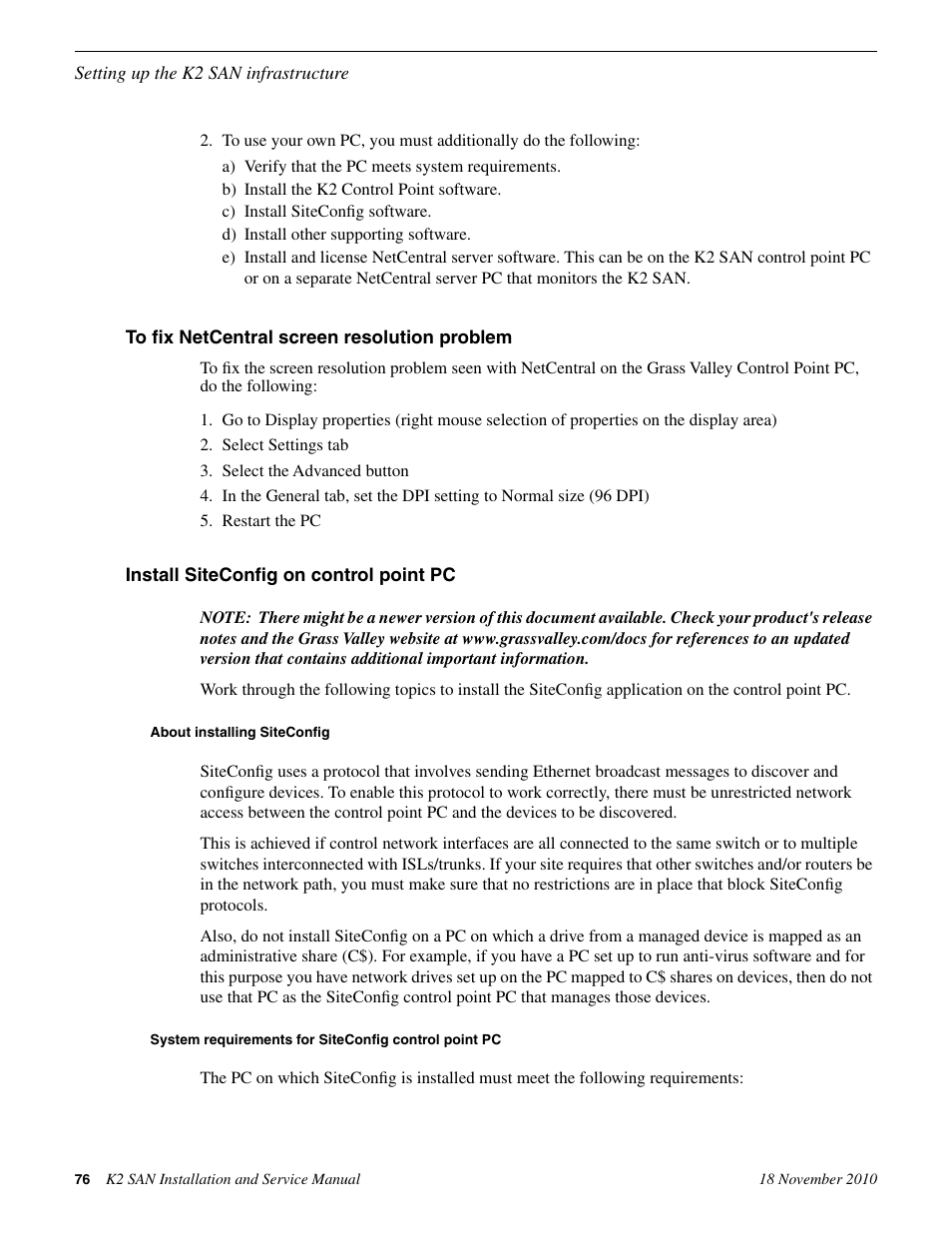To fix netcentral screen resolution problem, Install siteconfig on control point pc, About installing siteconfig | Grass Valley K2 Summit Storage Area Network Installation User Manual | Page 76 / 362