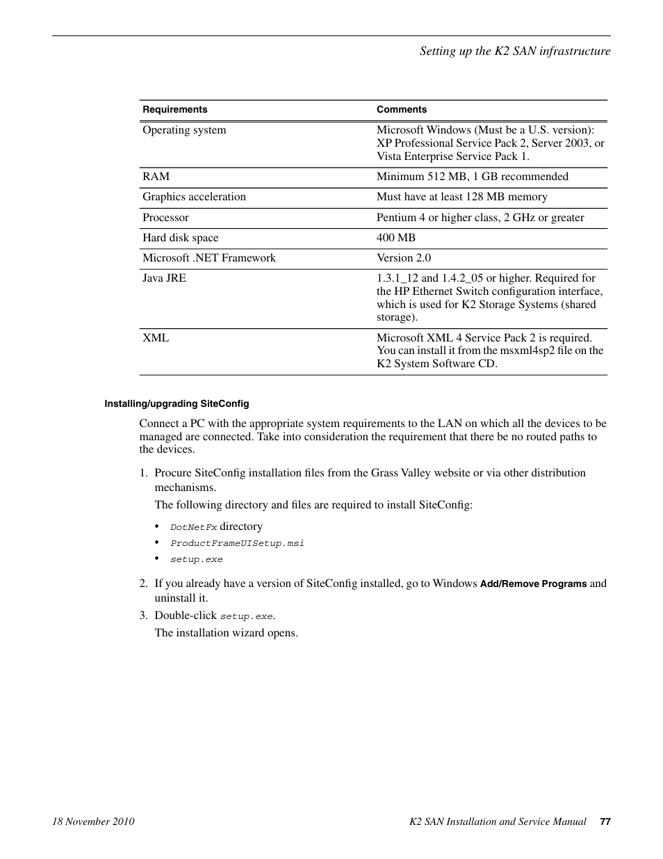 Installing/upgrading siteconfig | Grass Valley K2 Summit Storage Area Network Installation User Manual | Page 77 / 362