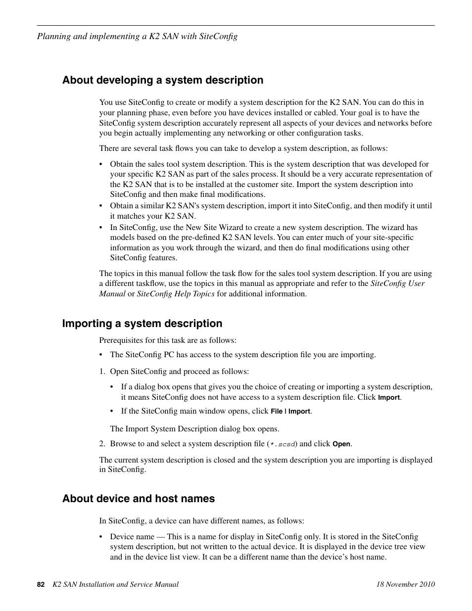 About developing a system description, Importing a system description, About device and host names | Grass Valley K2 Summit Storage Area Network Installation User Manual | Page 82 / 362