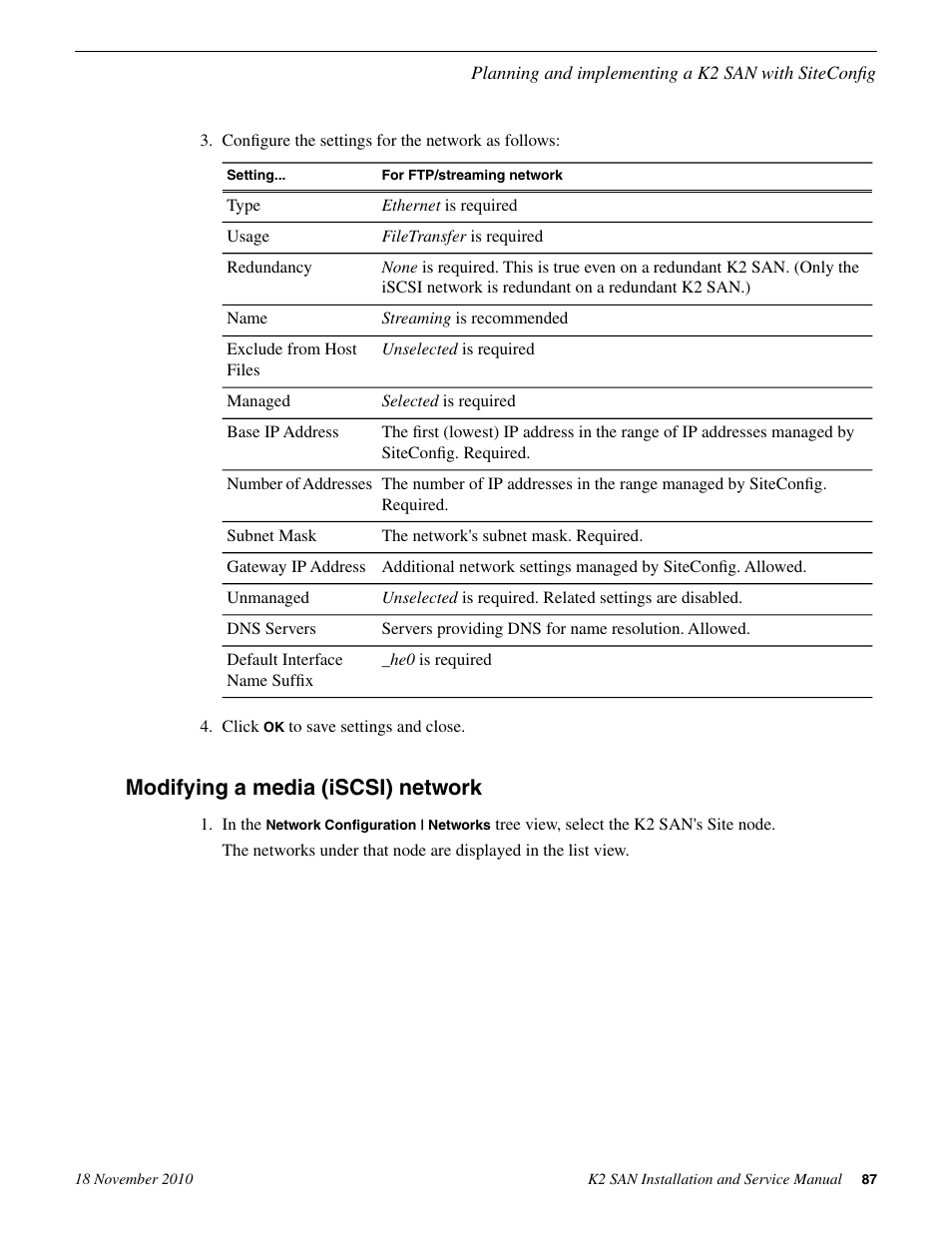 Modifying a media (iscsi) network | Grass Valley K2 Summit Storage Area Network Installation User Manual | Page 87 / 362