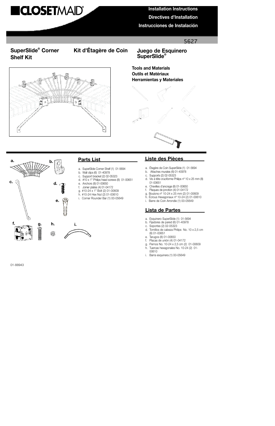 Closet Maid SuperSlide Corner Shelf Kit 5627 User Manual | 4 pages