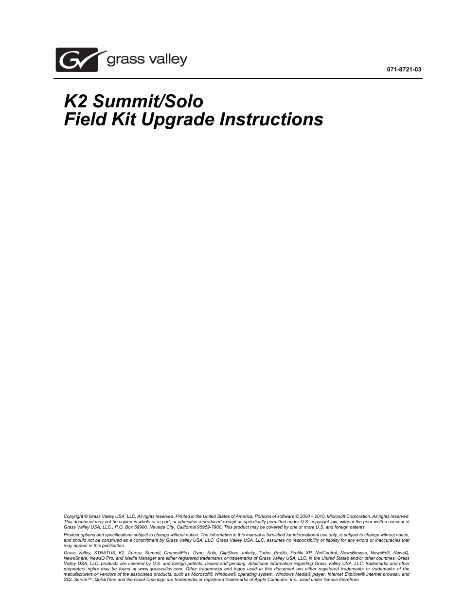 Grass Valley K2 Summit Client Upgrade Instructions v.8.x Mar.02 2012 User Manual | 37 pages