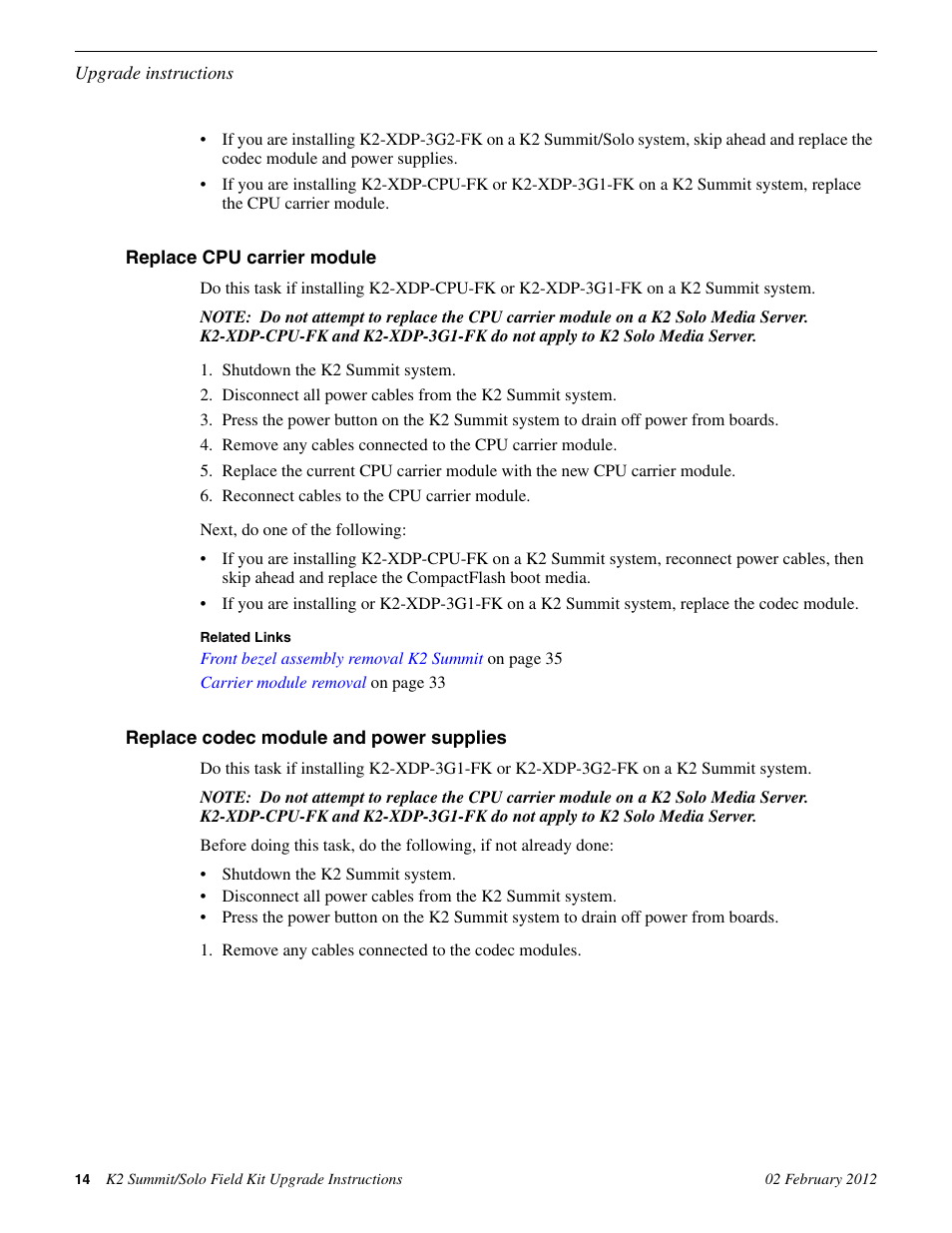 Replace cpu carrier module, Replace codec module and power supplies | Grass Valley K2 Summit Client Upgrade Instructions v.8.x Mar.02 2012 User Manual | Page 14 / 37