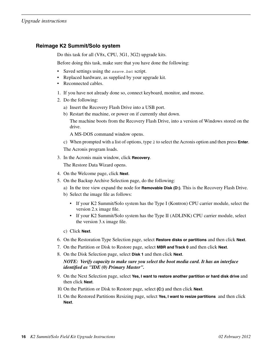 Reimage k2 summit/solo system | Grass Valley K2 Summit Client Upgrade Instructions v.8.x Mar.02 2012 User Manual | Page 16 / 37