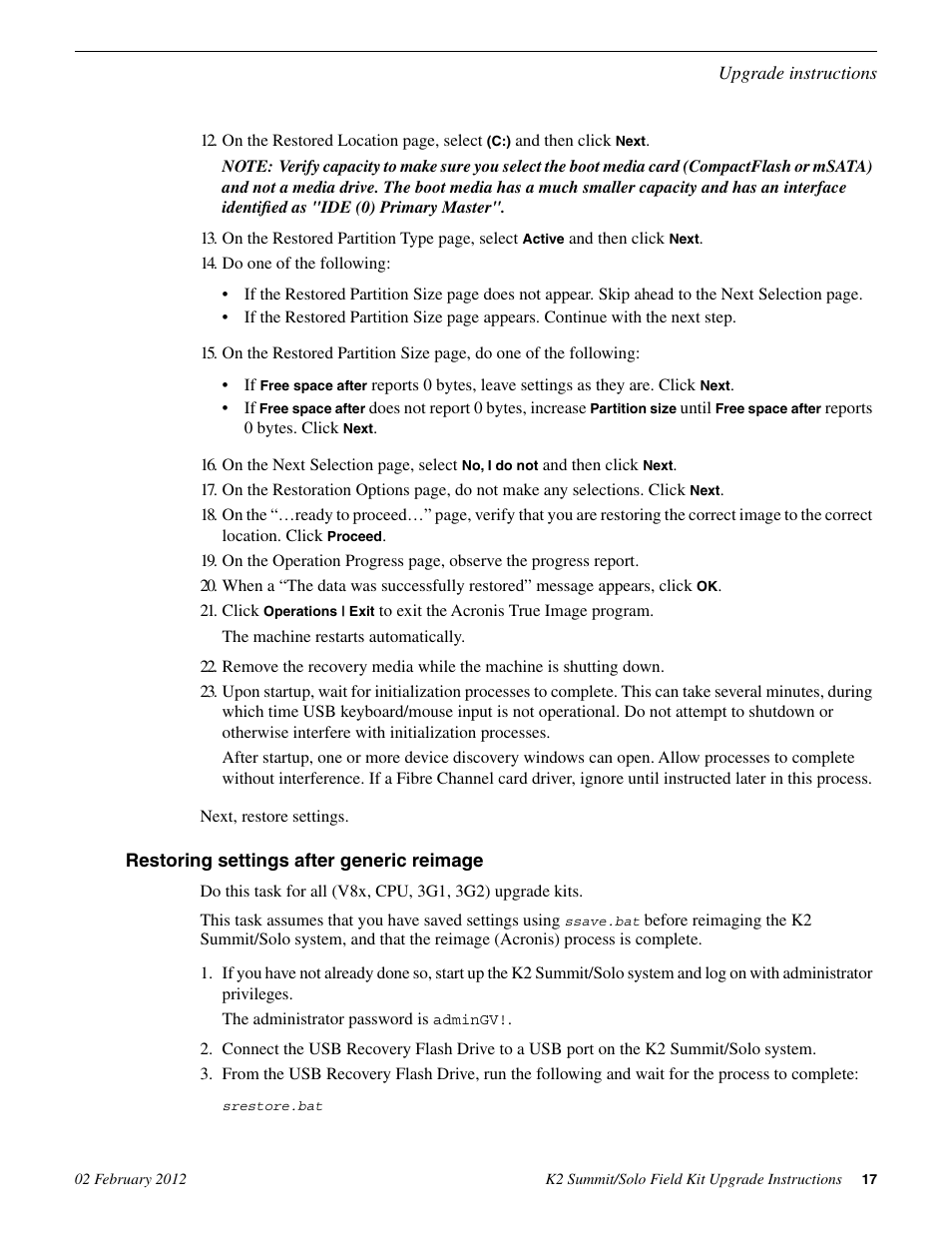 Restoring settings after generic reimage | Grass Valley K2 Summit Client Upgrade Instructions v.8.x Mar.02 2012 User Manual | Page 17 / 37