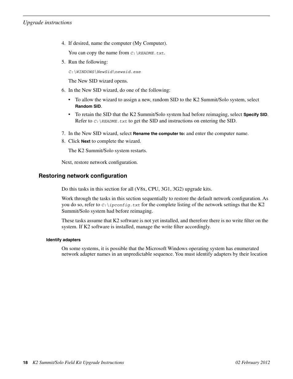 Restoring network configuration, Identify adapters | Grass Valley K2 Summit Client Upgrade Instructions v.8.x Mar.02 2012 User Manual | Page 18 / 37