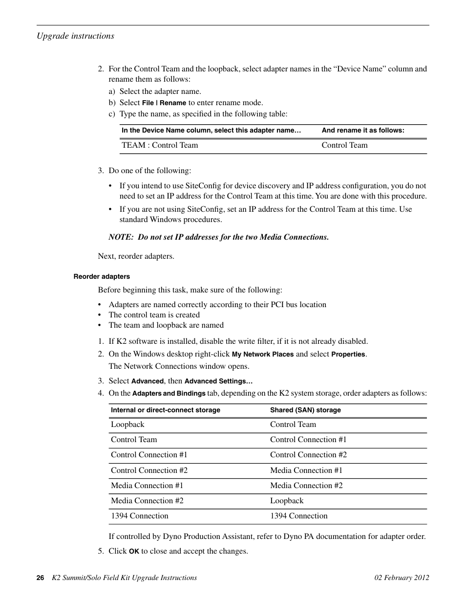 Reorder adapters | Grass Valley K2 Summit Client Upgrade Instructions v.8.x Mar.02 2012 User Manual | Page 26 / 37