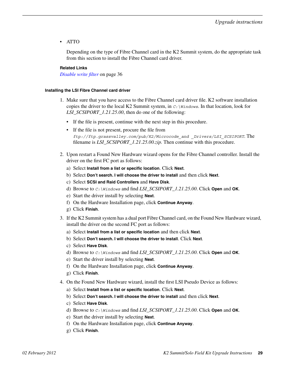 Installing the lsi fibre channel card driver | Grass Valley K2 Summit Client Upgrade Instructions v.8.x Mar.02 2012 User Manual | Page 29 / 37