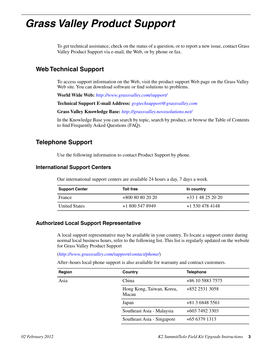 Grass valley product support, Web technical support, Telephone support | Grass Valley K2 Summit Client Upgrade Instructions v.8.x Mar.02 2012 User Manual | Page 3 / 37