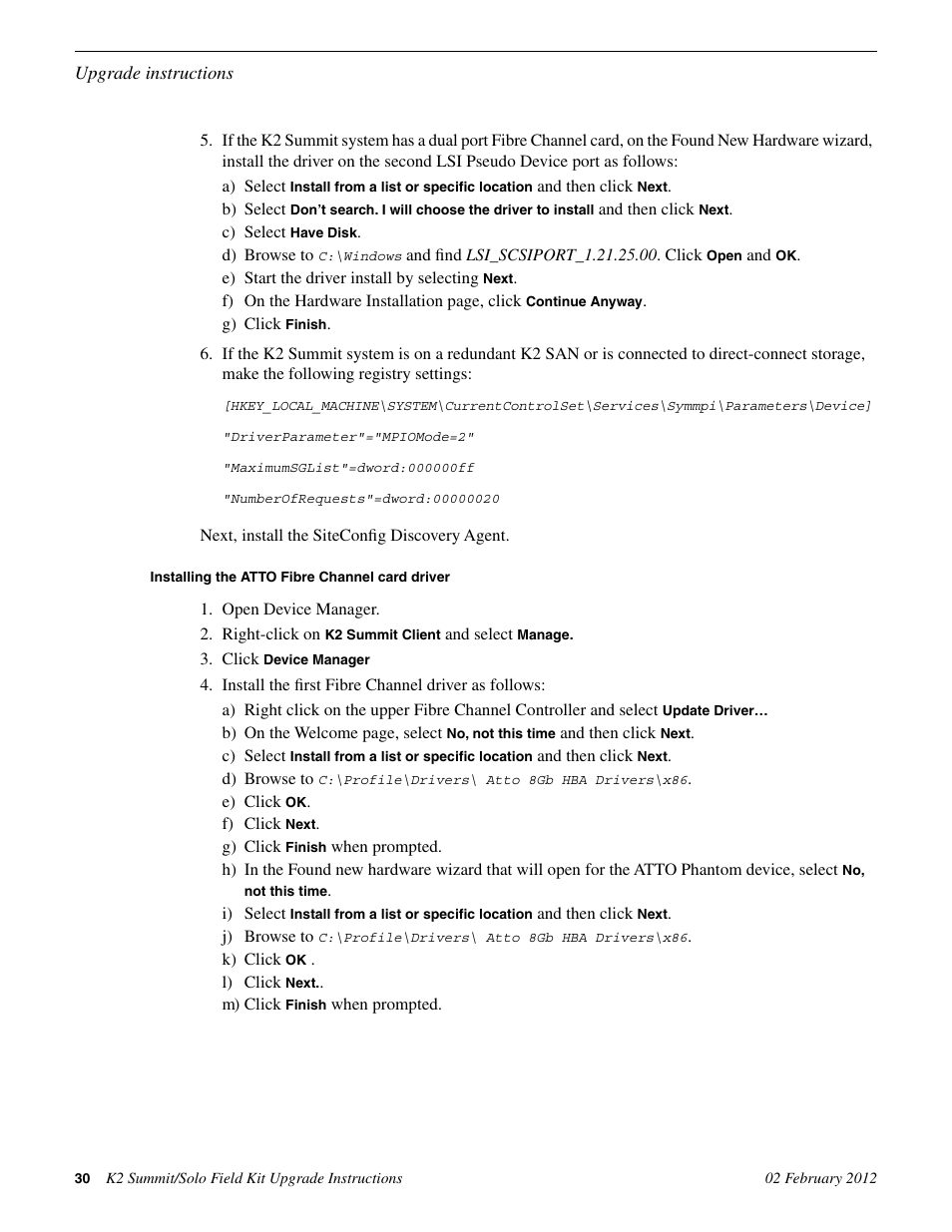 Installing the atto fibre channel card driver | Grass Valley K2 Summit Client Upgrade Instructions v.8.x Mar.02 2012 User Manual | Page 30 / 37
