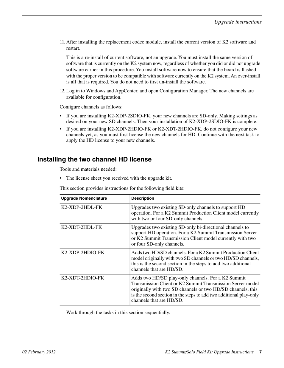Installing the two channel hd license | Grass Valley K2 Summit Client Upgrade Instructions v.8.x Mar.02 2012 User Manual | Page 7 / 37
