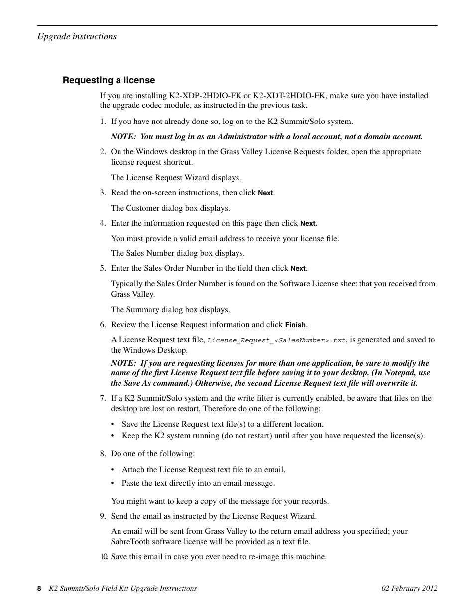 Requesting a license | Grass Valley K2 Summit Client Upgrade Instructions v.8.x Mar.02 2012 User Manual | Page 8 / 37