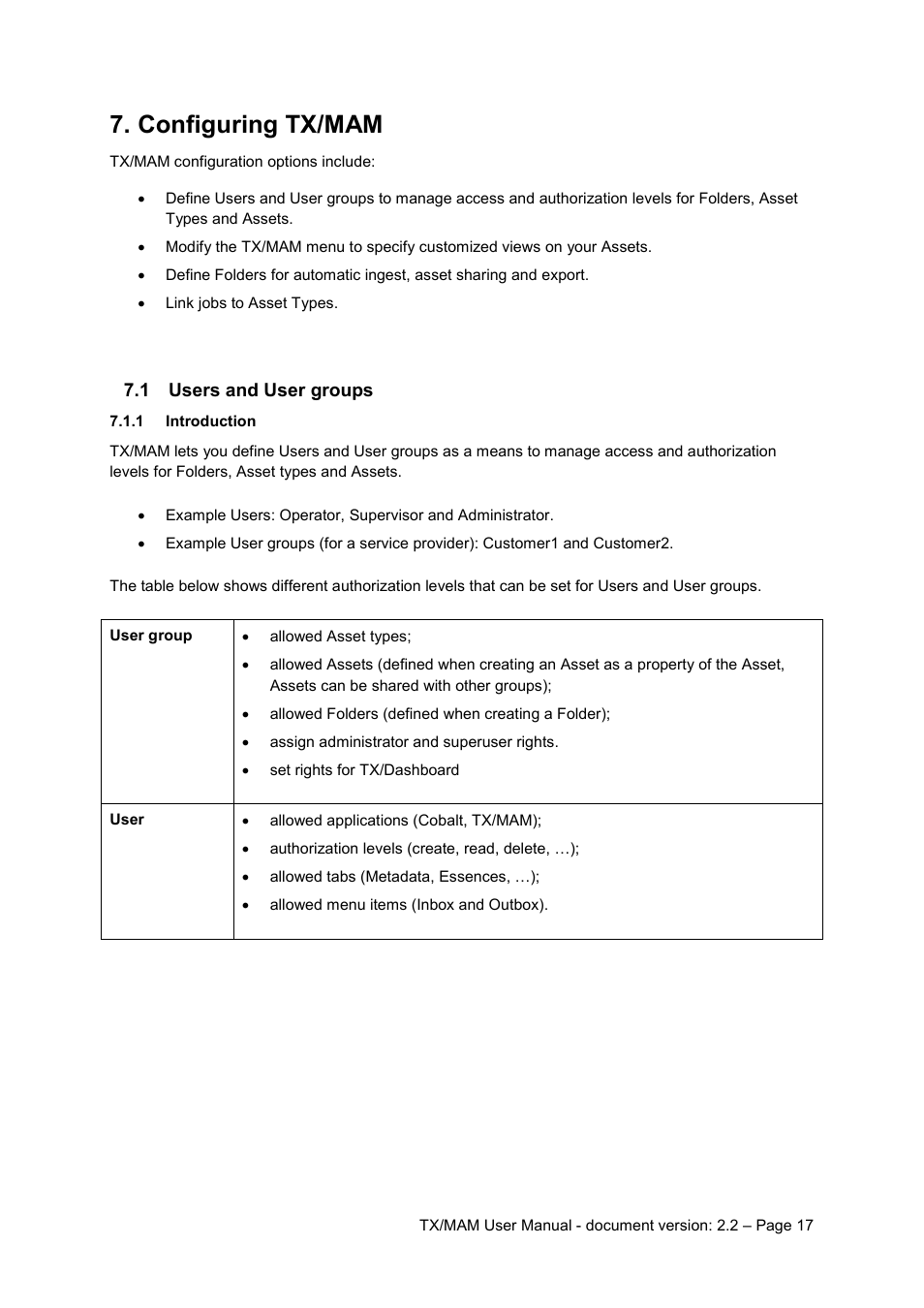 Configuring tx/mam, 1 users and user groups, 1 introduction | Users and user groups, Introduction | Grass Valley K2 TX/MAM User Manual v.2.2 User Manual | Page 17 / 57