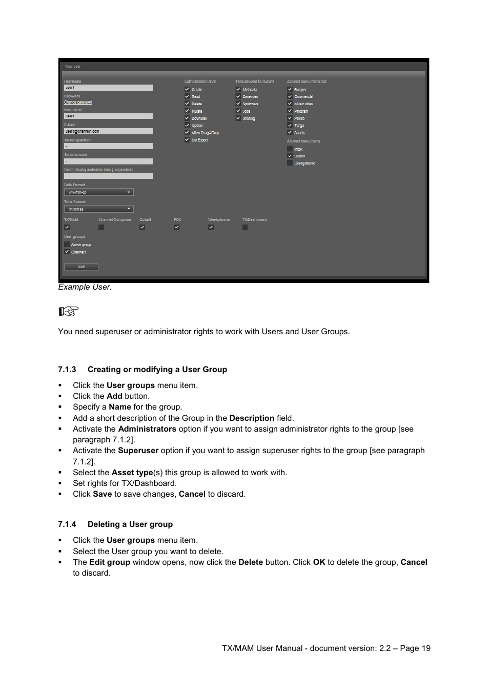 3 creating or modifying a user group, 4 deleting a user group, Creating or modifying a user group | Deleting a user group | Grass Valley K2 TX/MAM User Manual v.2.2 User Manual | Page 19 / 57