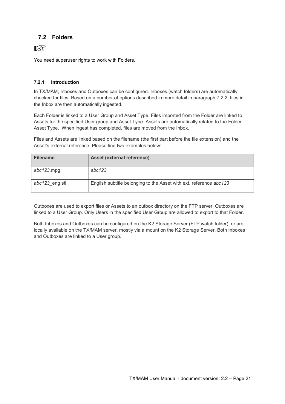2 folders, 1 introduction, Folders | Introduction | Grass Valley K2 TX/MAM User Manual v.2.2 User Manual | Page 21 / 57