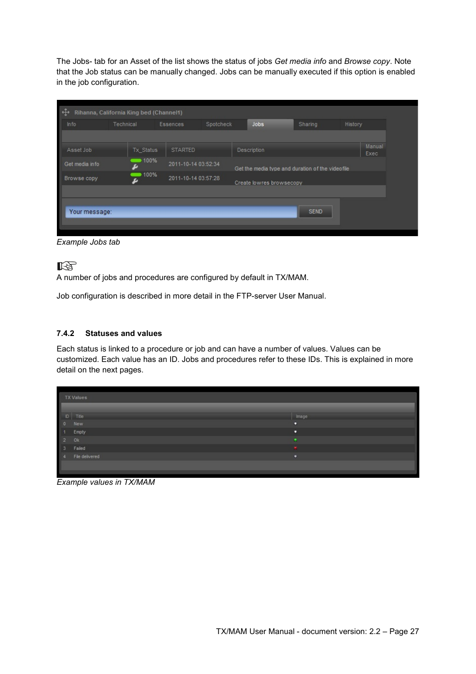 2 statuses and values, Statuses and values | Grass Valley K2 TX/MAM User Manual v.2.2 User Manual | Page 27 / 57