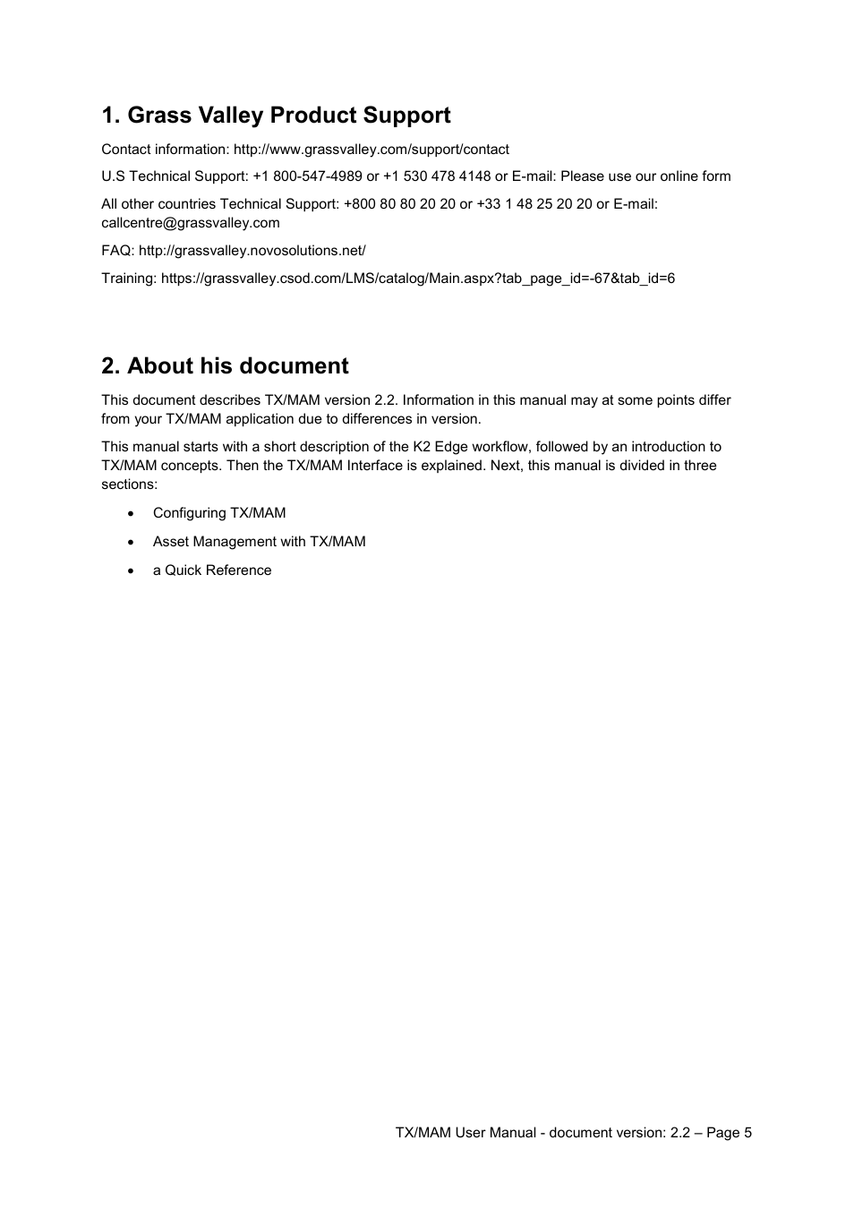 Grass valley product support, About his document | Grass Valley K2 TX/MAM User Manual v.2.2 User Manual | Page 5 / 57