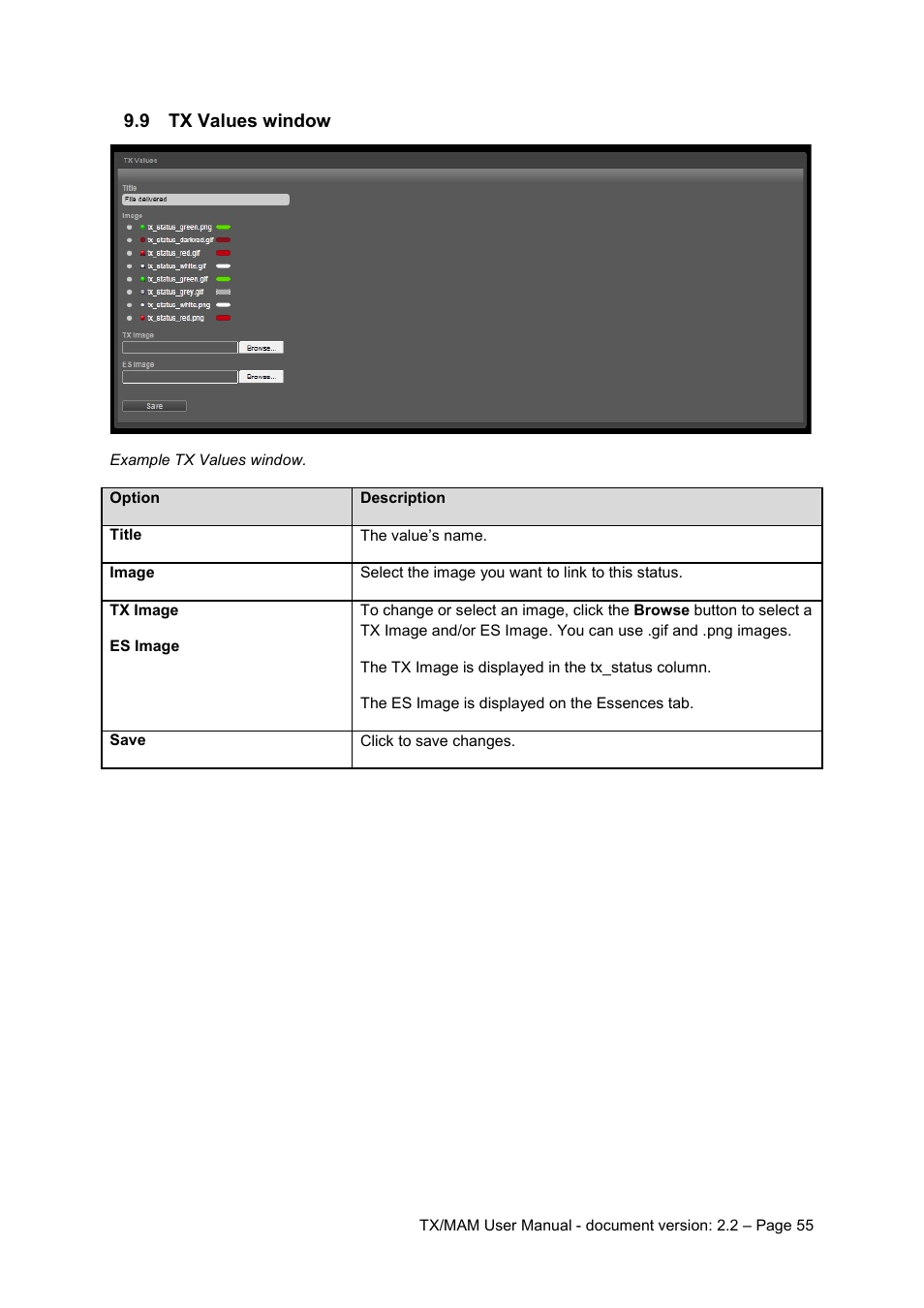 9 tx values window, Tx values window | Grass Valley K2 TX/MAM User Manual v.2.2 User Manual | Page 55 / 57