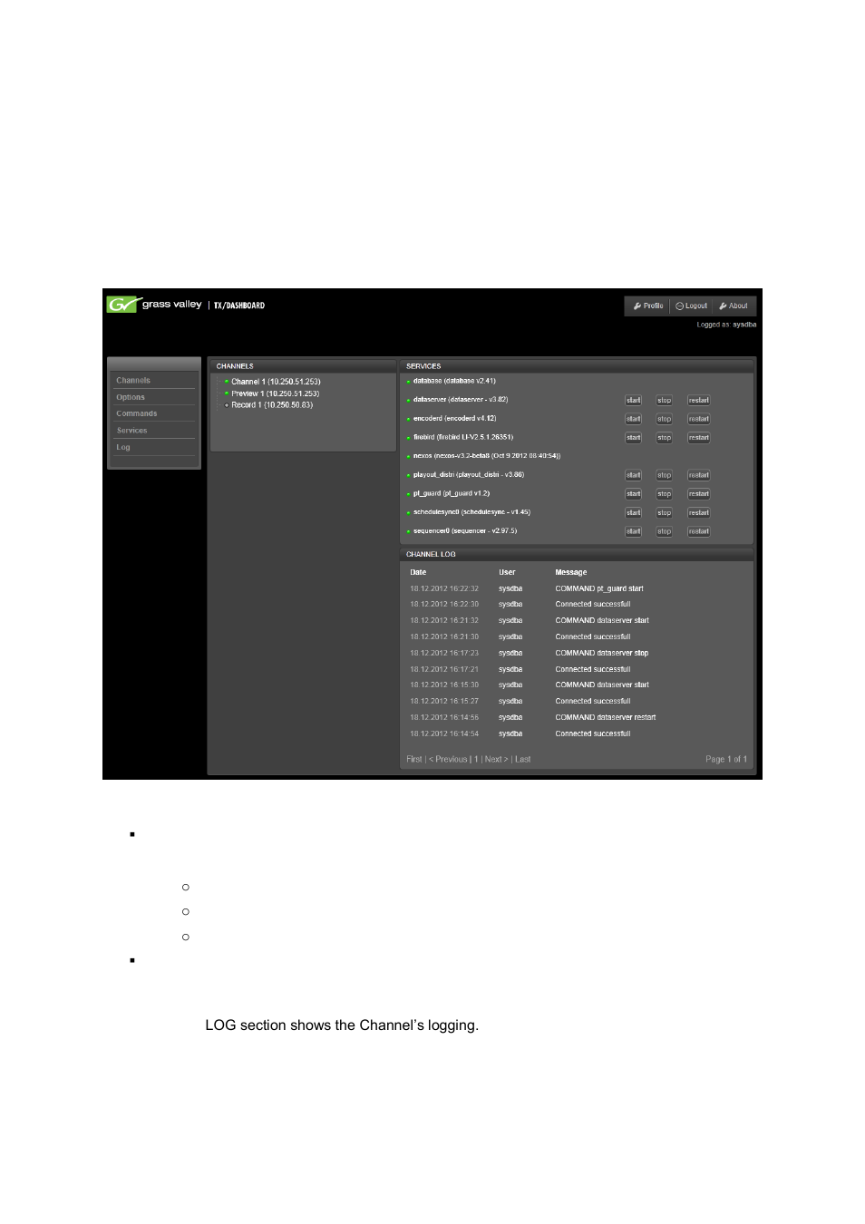 About, Channels | Grass Valley K2 TX/Dashboard User Manual v.1.2 User Manual | Page 4 / 5