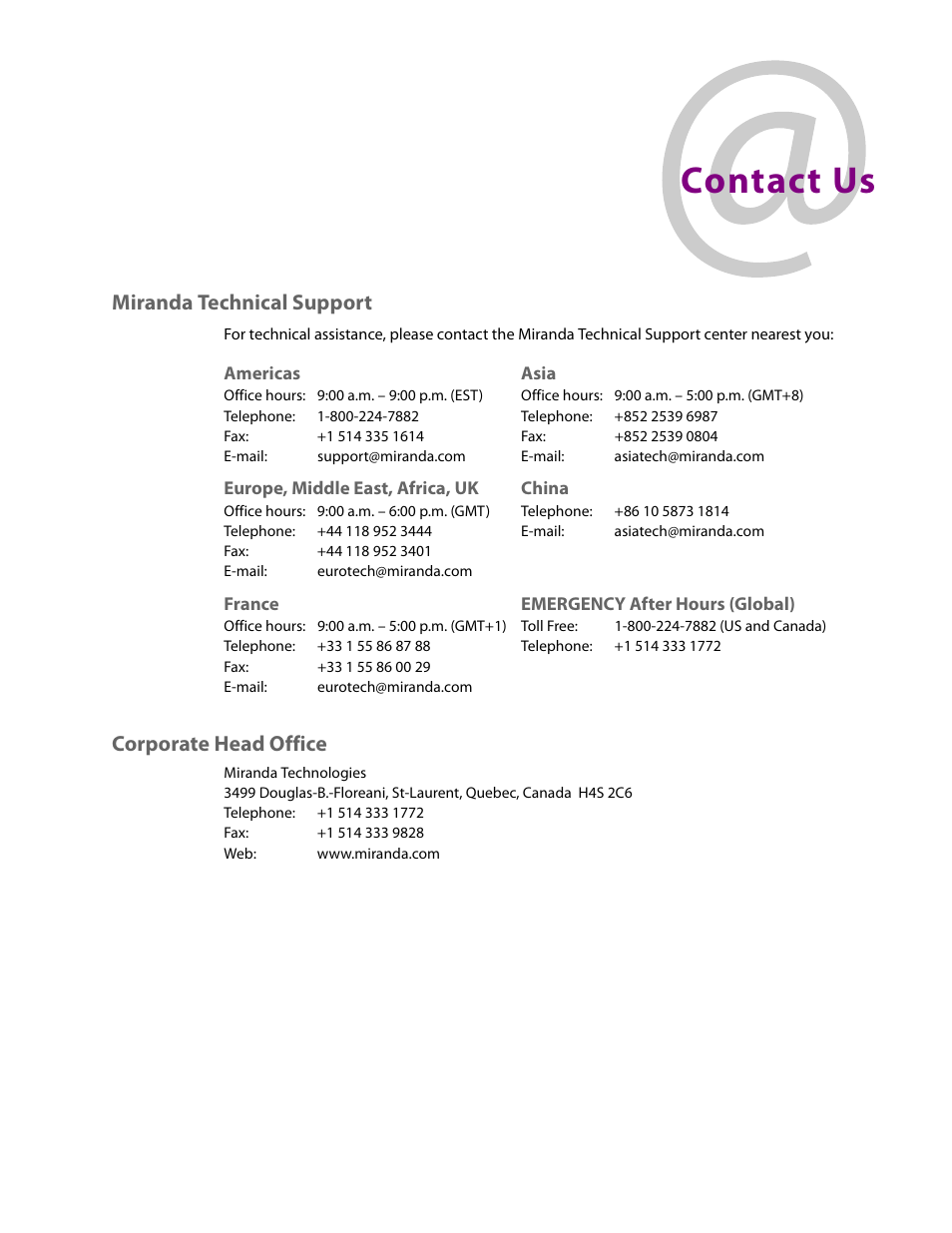 Contact us, Miranda technical support, Corporate head office | Grass Valley Kaleido-IP with Kaleido-X16 Cascade Manual User Manual | Page 15 / 15