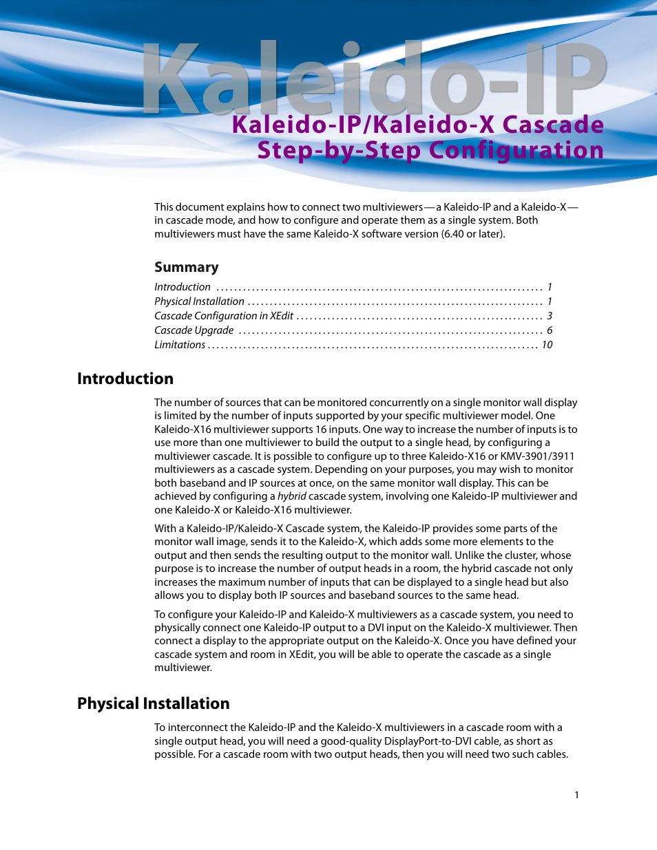 Introduction, Physical installation, Summary | Grass Valley Kaleido-IP with Kaleido-X Cascade Manual User Manual | Page 3 / 15