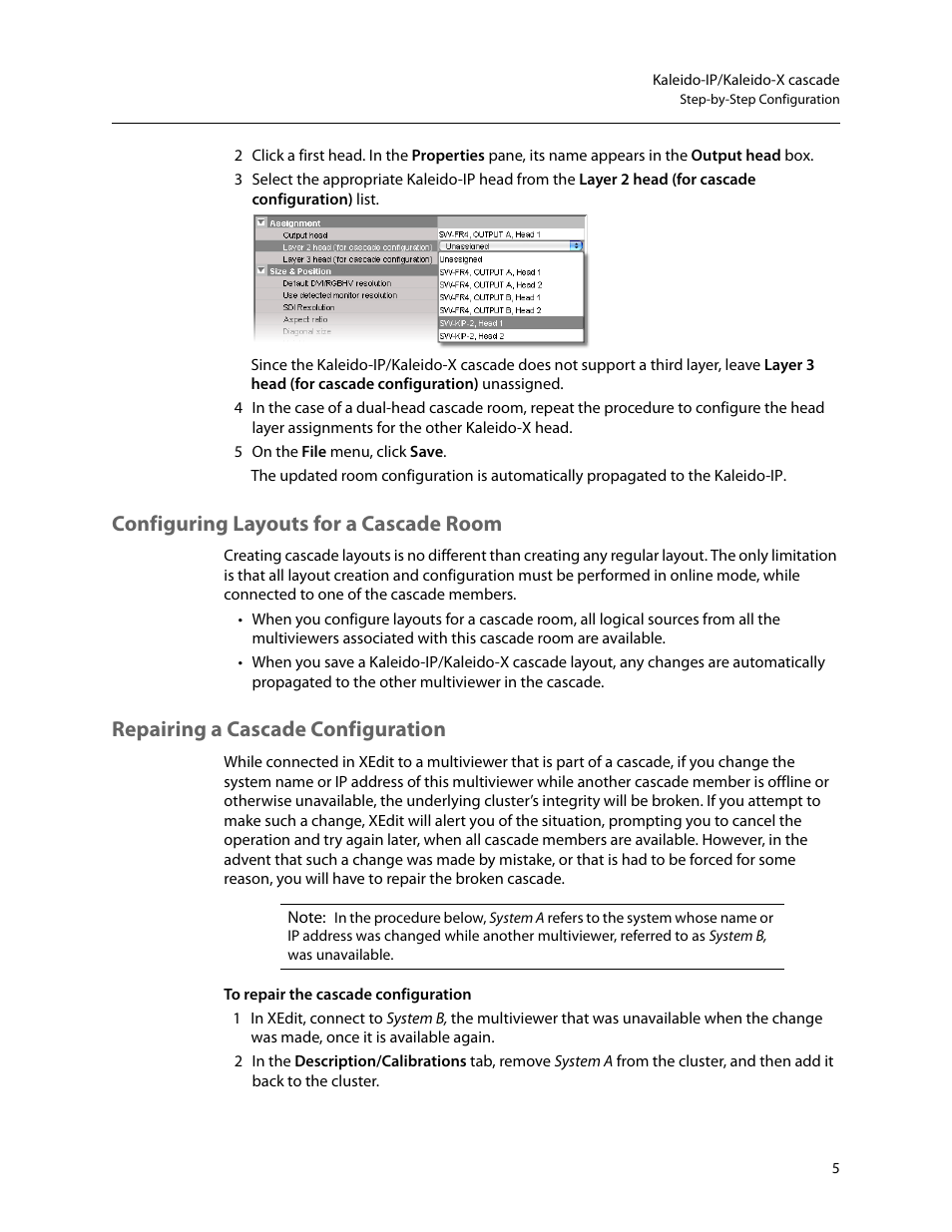 Configuring layouts for a cascade room, Repairing a cascade configuration | Grass Valley Kaleido-IP with Kaleido-X Cascade Manual User Manual | Page 7 / 15