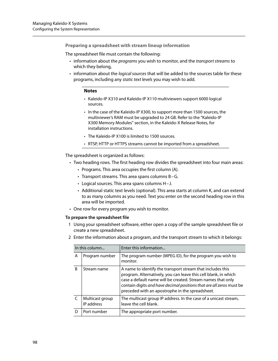 Preparing a spreadsheet with stream lineup, Information | Grass Valley Kaleido-X v.7.80 User Manual | Page 106 / 557