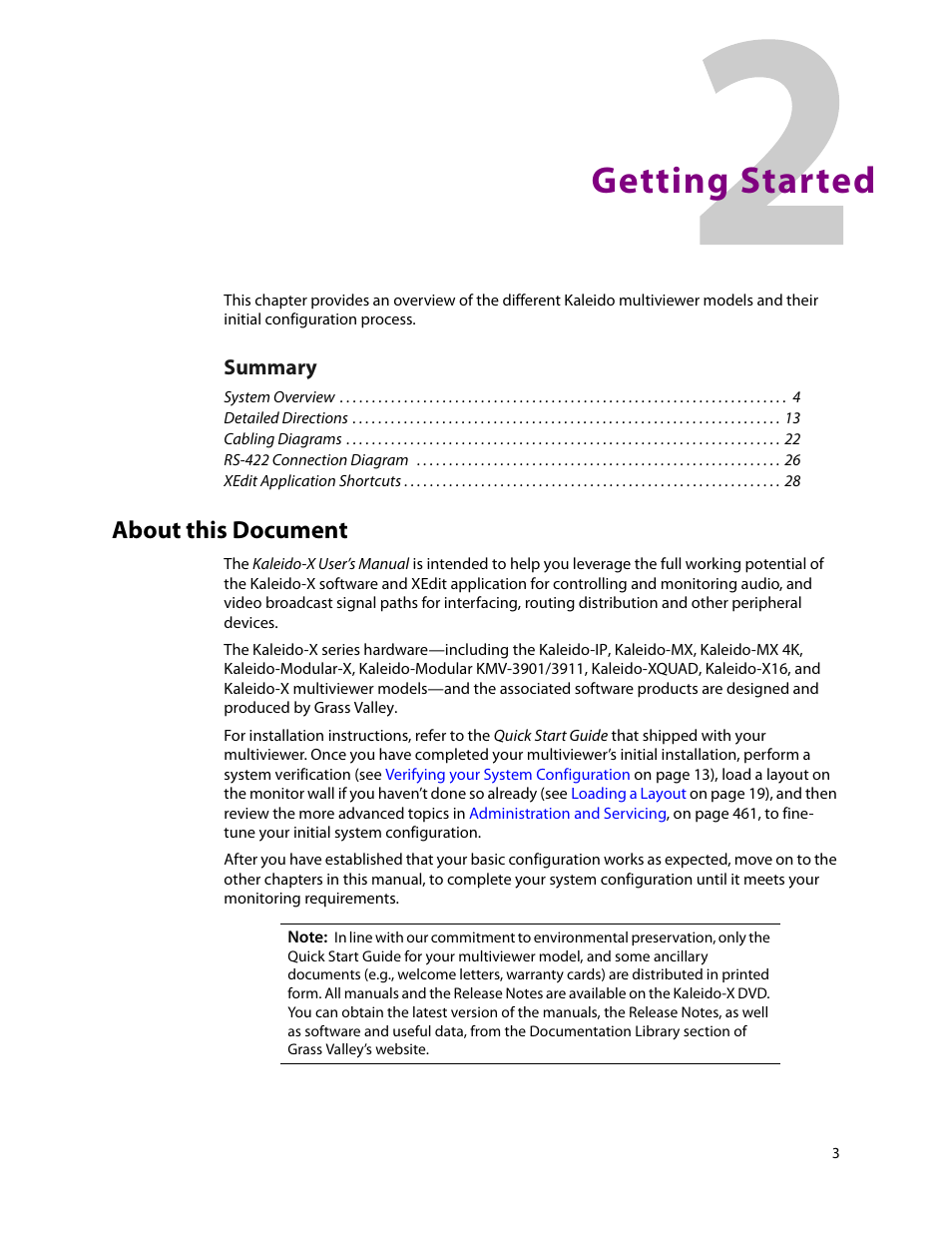 Getting started, About this document, 2 getting started | Summary | Grass Valley Kaleido-X v.7.80 User Manual | Page 11 / 557