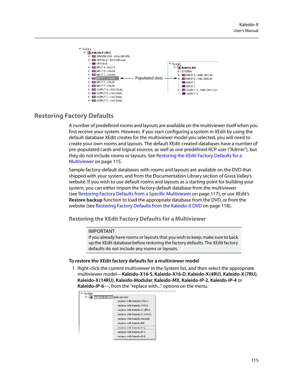 Restoring factory defaults, R model (see | Grass Valley Kaleido-X v.7.80 User Manual | Page 123 / 557