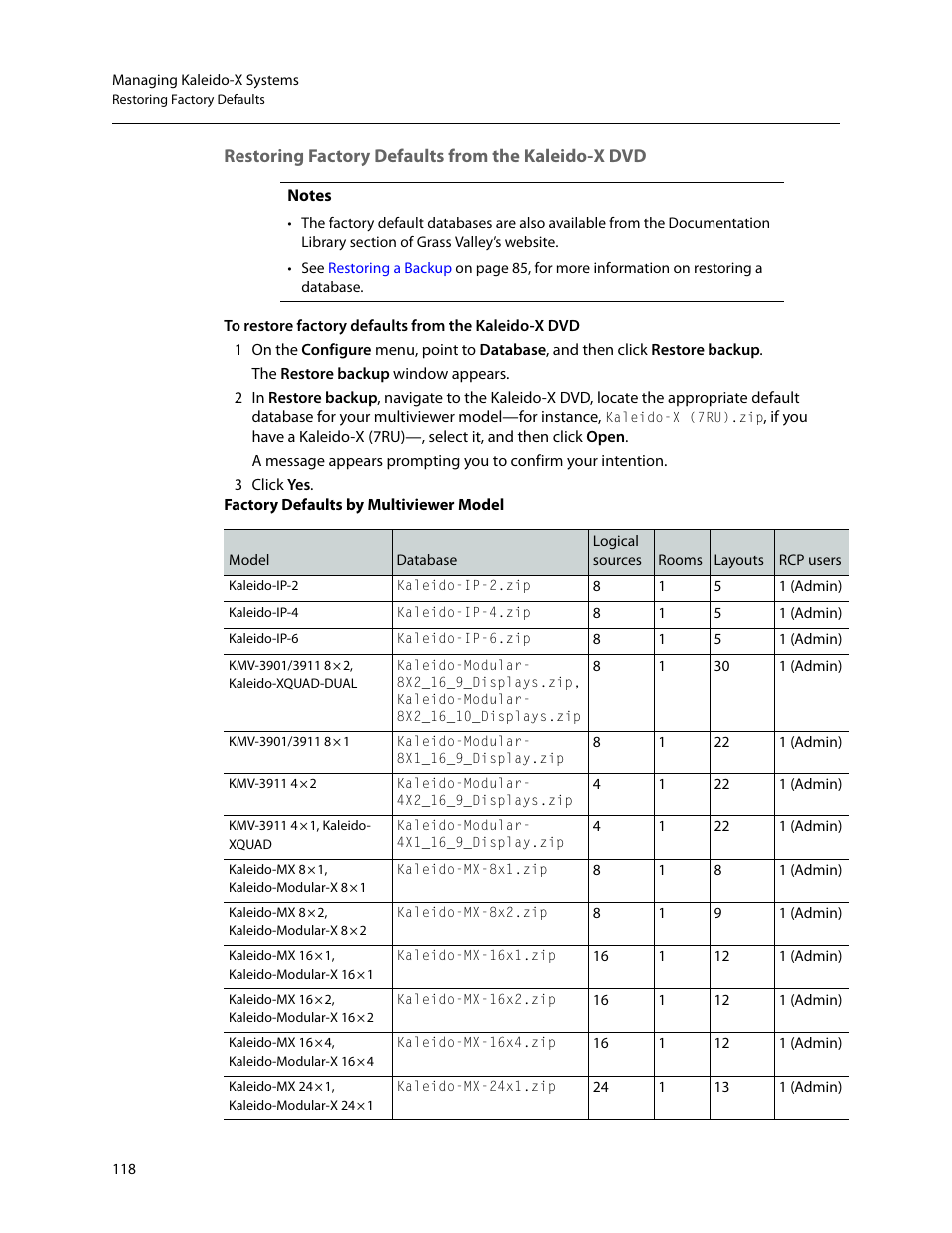 Restoring factory defaults from the kaleido-x dvd | Grass Valley Kaleido-X v.7.80 User Manual | Page 126 / 557