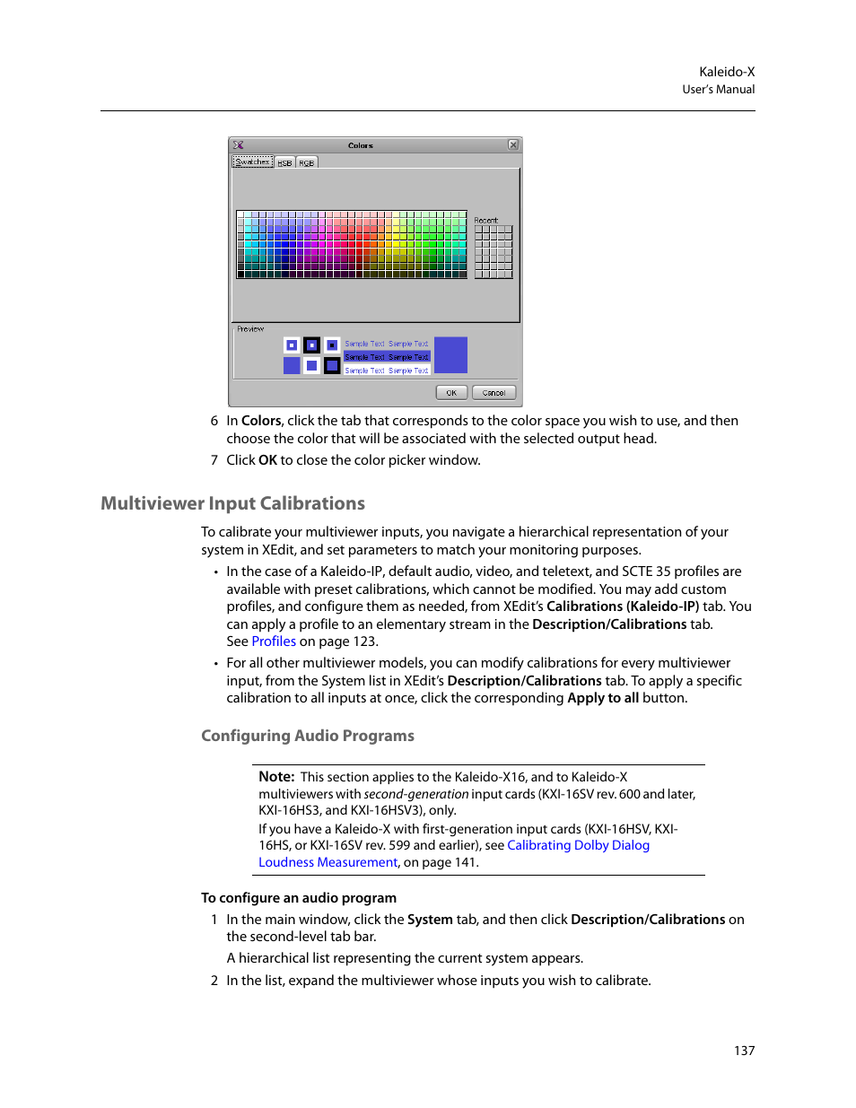 Multiviewer input calibrations, Configuring audio programs | Grass Valley Kaleido-X v.7.80 User Manual | Page 145 / 557