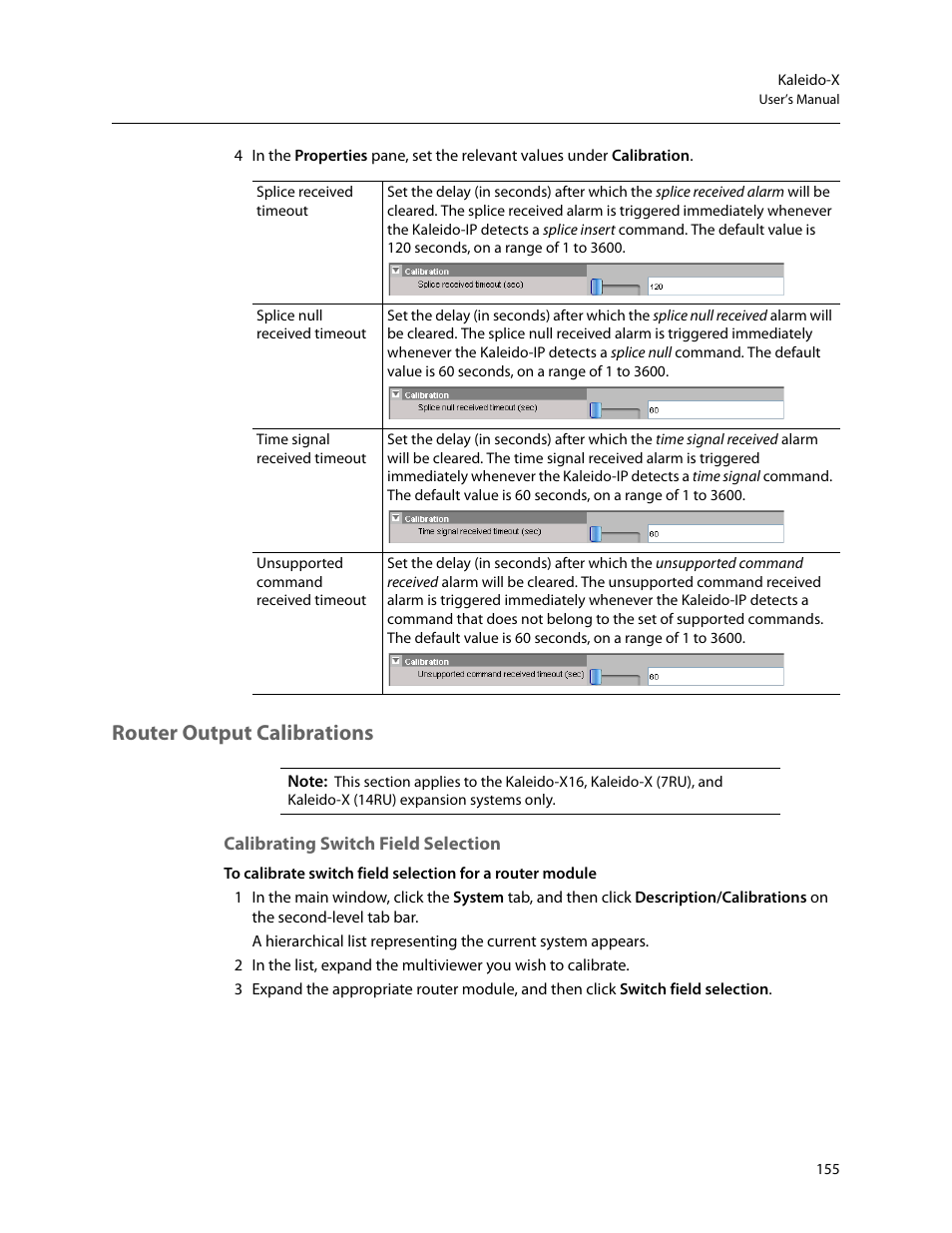 Router output calibrations, Calibrating switch field selection | Grass Valley Kaleido-X v.7.80 User Manual | Page 163 / 557