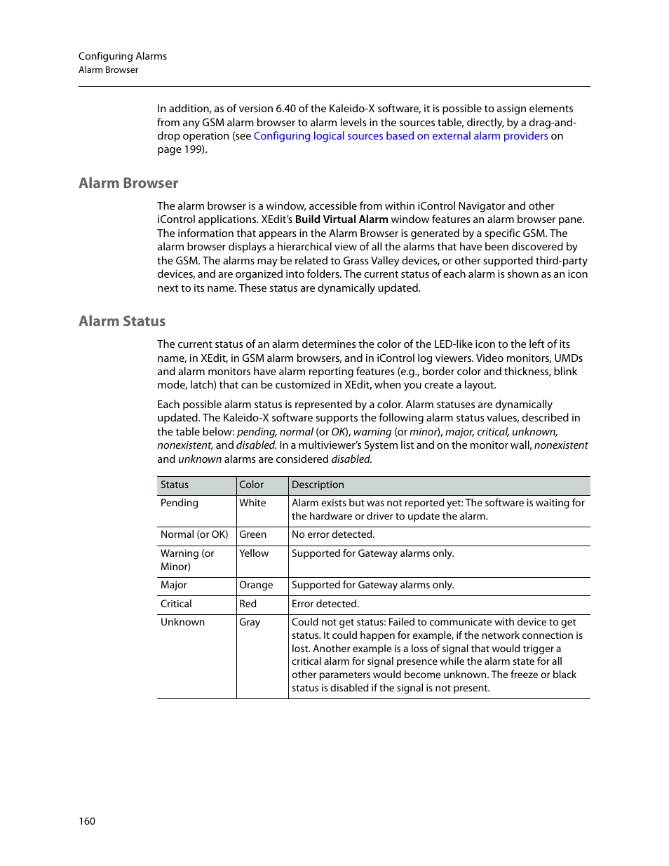 Alarm browser, Alarm status, Alarm browser alarm status | Grass Valley Kaleido-X v.7.80 User Manual | Page 168 / 557