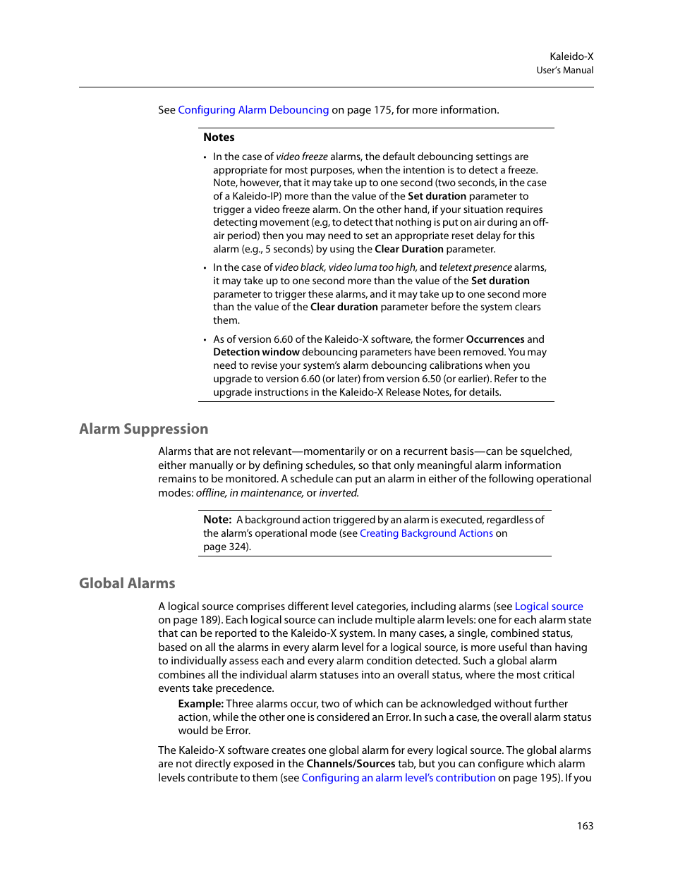 Alarm suppression, Global alarms, Alarm suppression global alarms | Grass Valley Kaleido-X v.7.80 User Manual | Page 171 / 557
