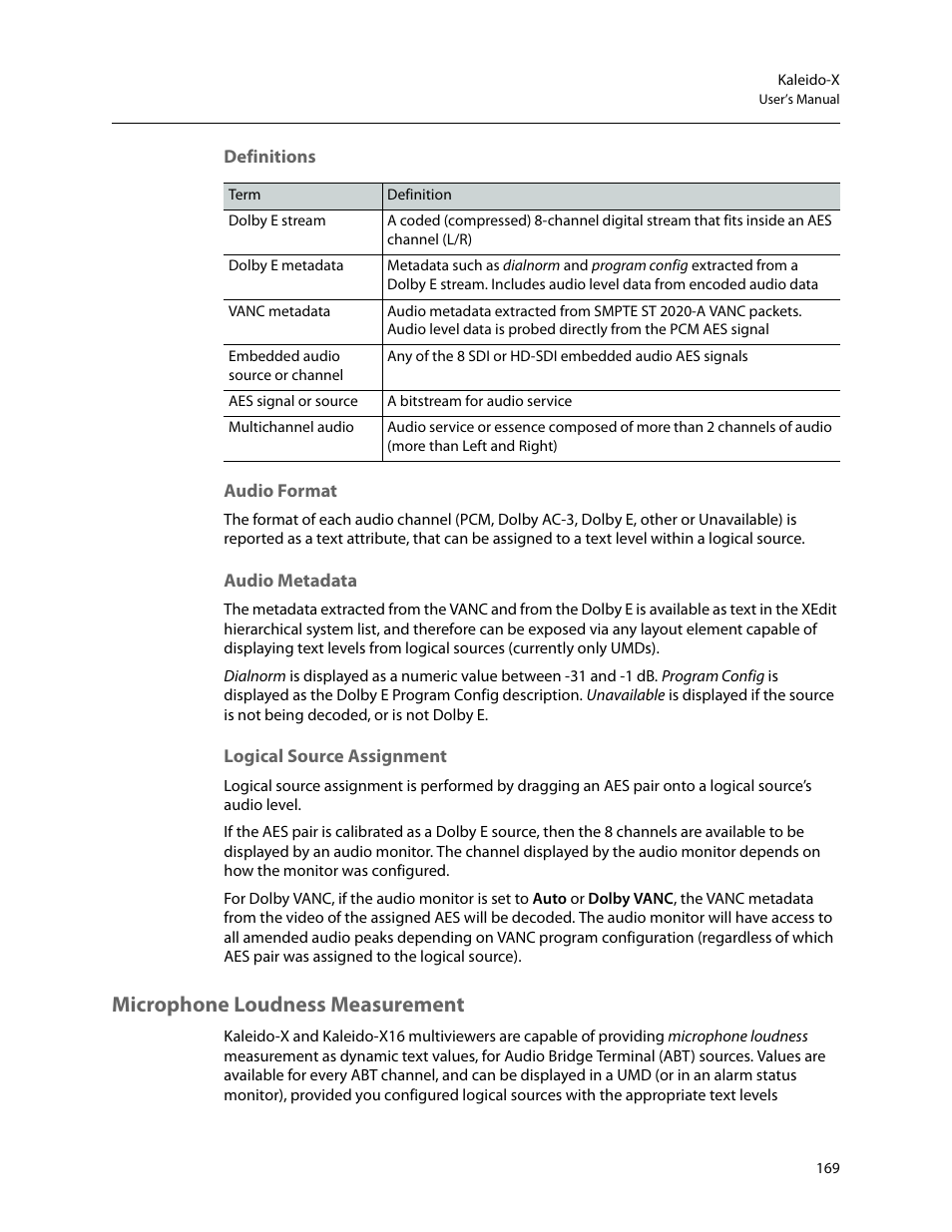 Definitions, Audio format, Audio metadata | Logical source assignment, Microphone loudness measurement | Grass Valley Kaleido-X v.7.80 User Manual | Page 177 / 557