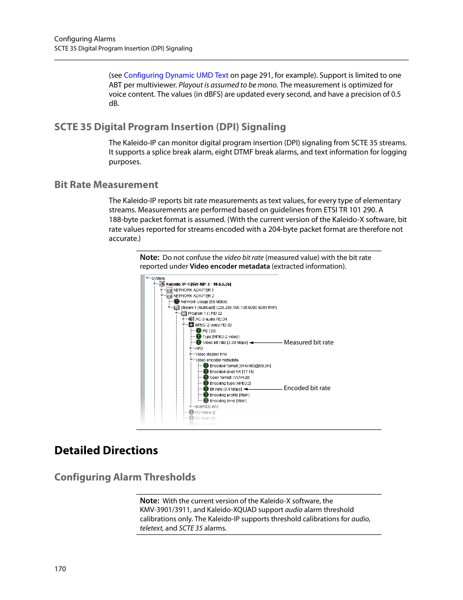 Scte 35 digital program insertion (dpi) signaling, Bit rate measurement, Detailed directions | Configuring alarm thresholds, Scte 35 digital, Program insertion (dpi) signaling, Configuring, Alarm thresholds | Grass Valley Kaleido-X v.7.80 User Manual | Page 178 / 557