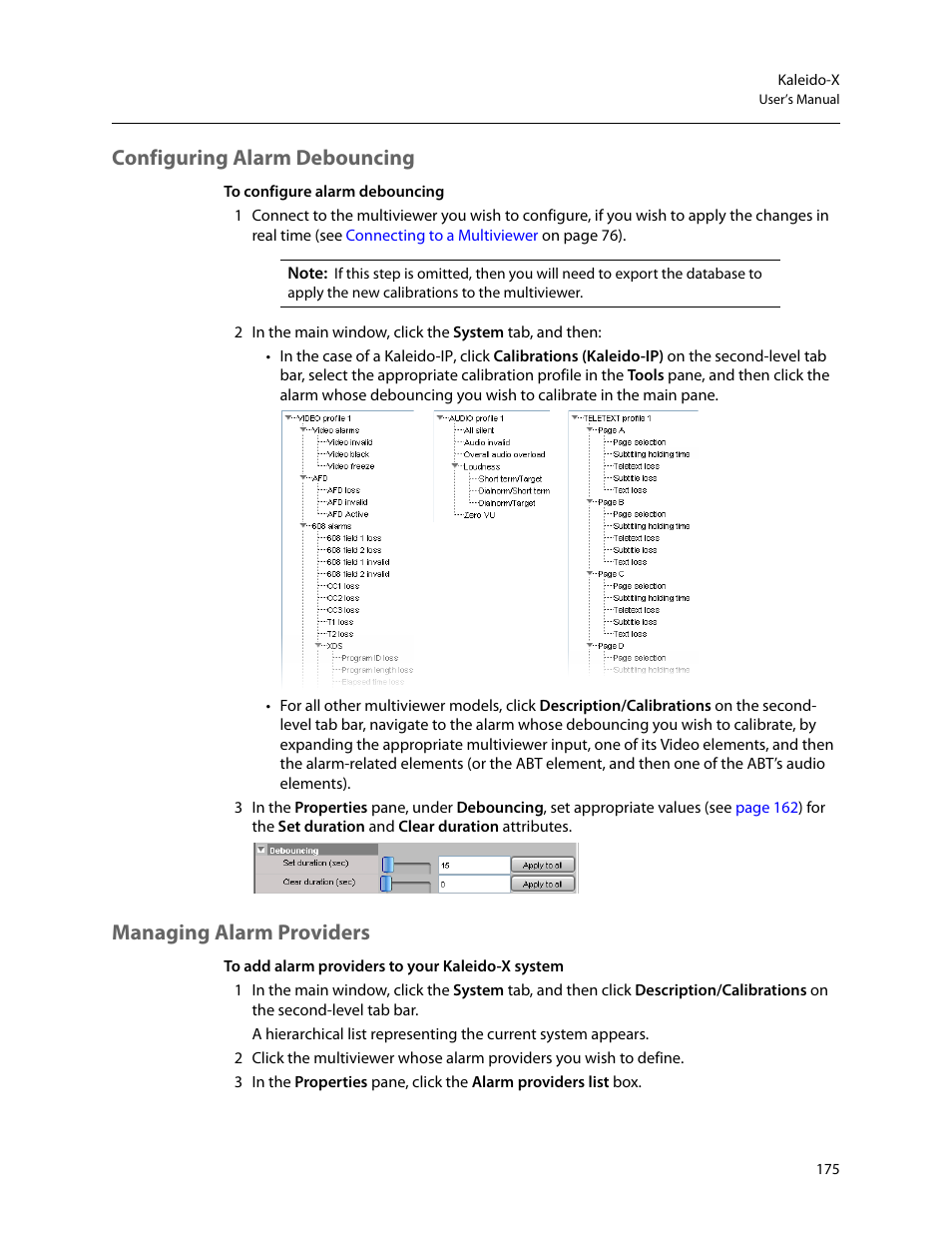 Configuring alarm debouncing, Managing alarm providers, Configuring | Alarm debouncing | Grass Valley Kaleido-X v.7.80 User Manual | Page 183 / 557