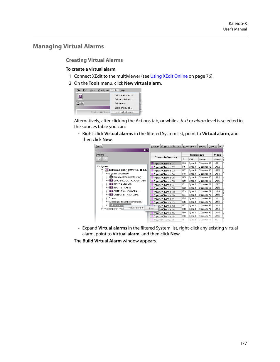 Managing virtual alarms, Creating virtual alarms, Creating | Virtual alarms, M (see, Creating virtual, Alarms | Grass Valley Kaleido-X v.7.80 User Manual | Page 185 / 557
