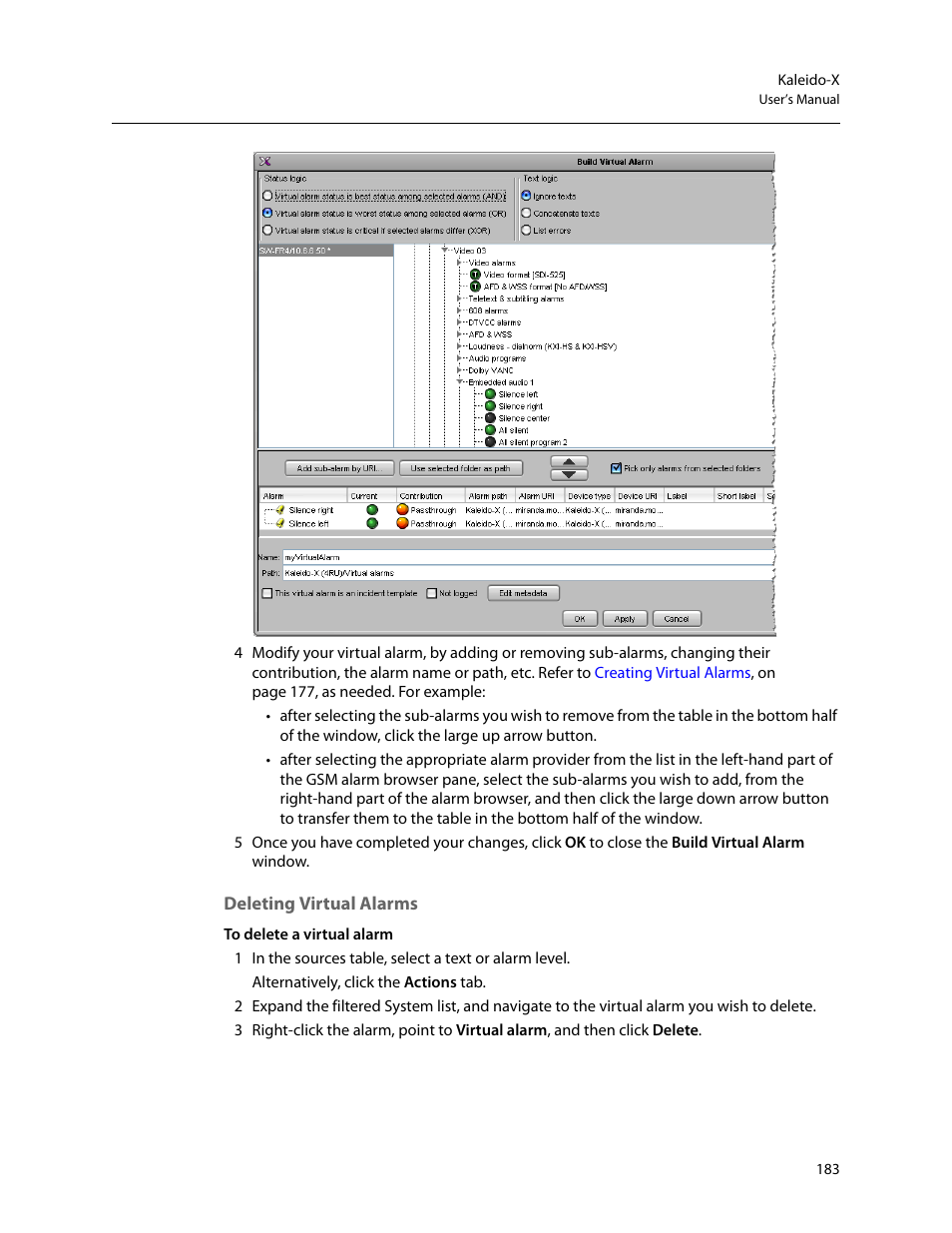 Deleting virtual alarms | Grass Valley Kaleido-X v.7.80 User Manual | Page 191 / 557