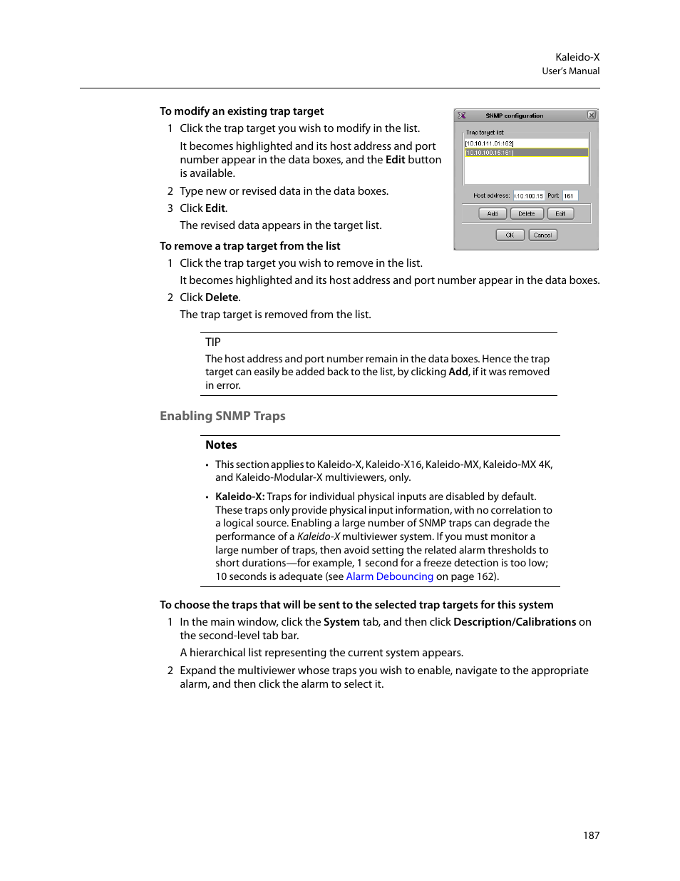 Enabling snmp traps, Managers (see, Enabling snmp | Traps | Grass Valley Kaleido-X v.7.80 User Manual | Page 195 / 557